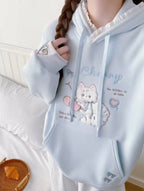 Cozy Kitten & Cherry Embroidered Lace Hoodie🩵🍒