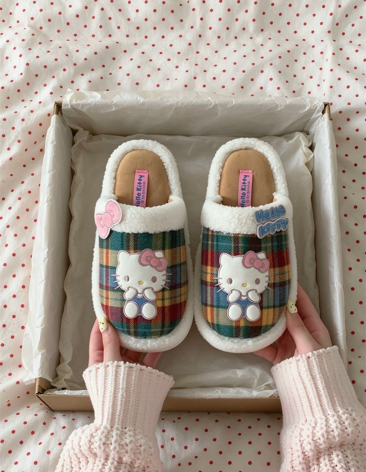 Hello Kitty Plaid Plush Winter Slippers