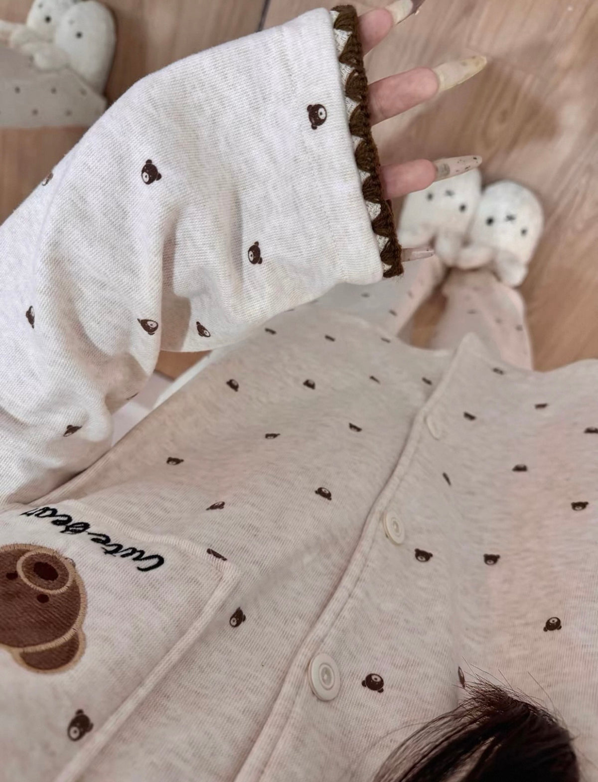 Beige Cute Bear Fleeced Pyjama
