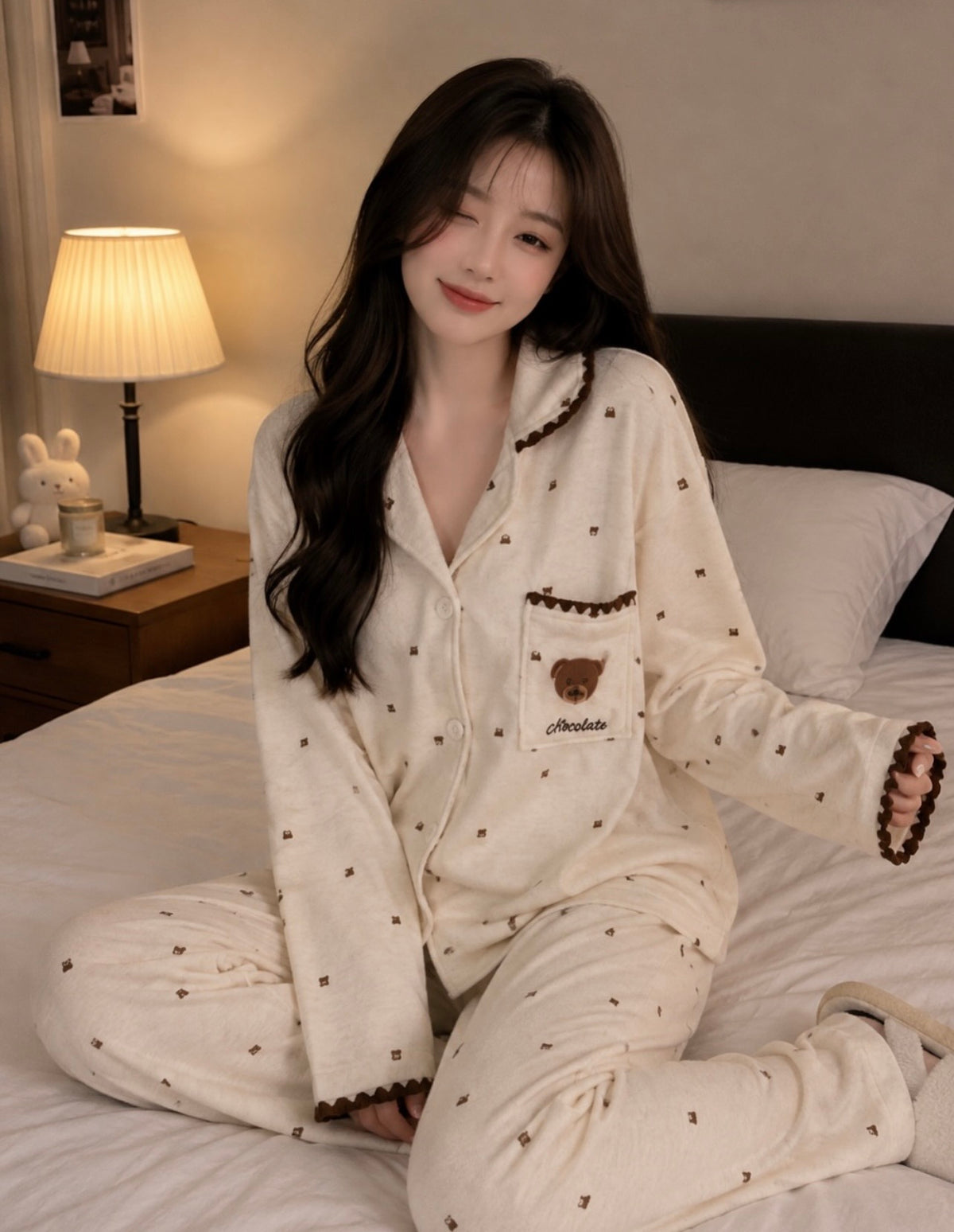 Beige Cute Bear Fleeced Pyjama