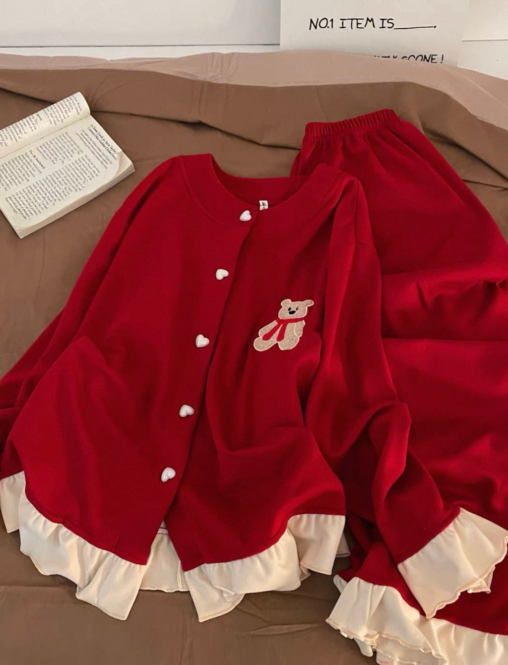 Red Teddy Bear Ruffled Fleece Pajama ♥️