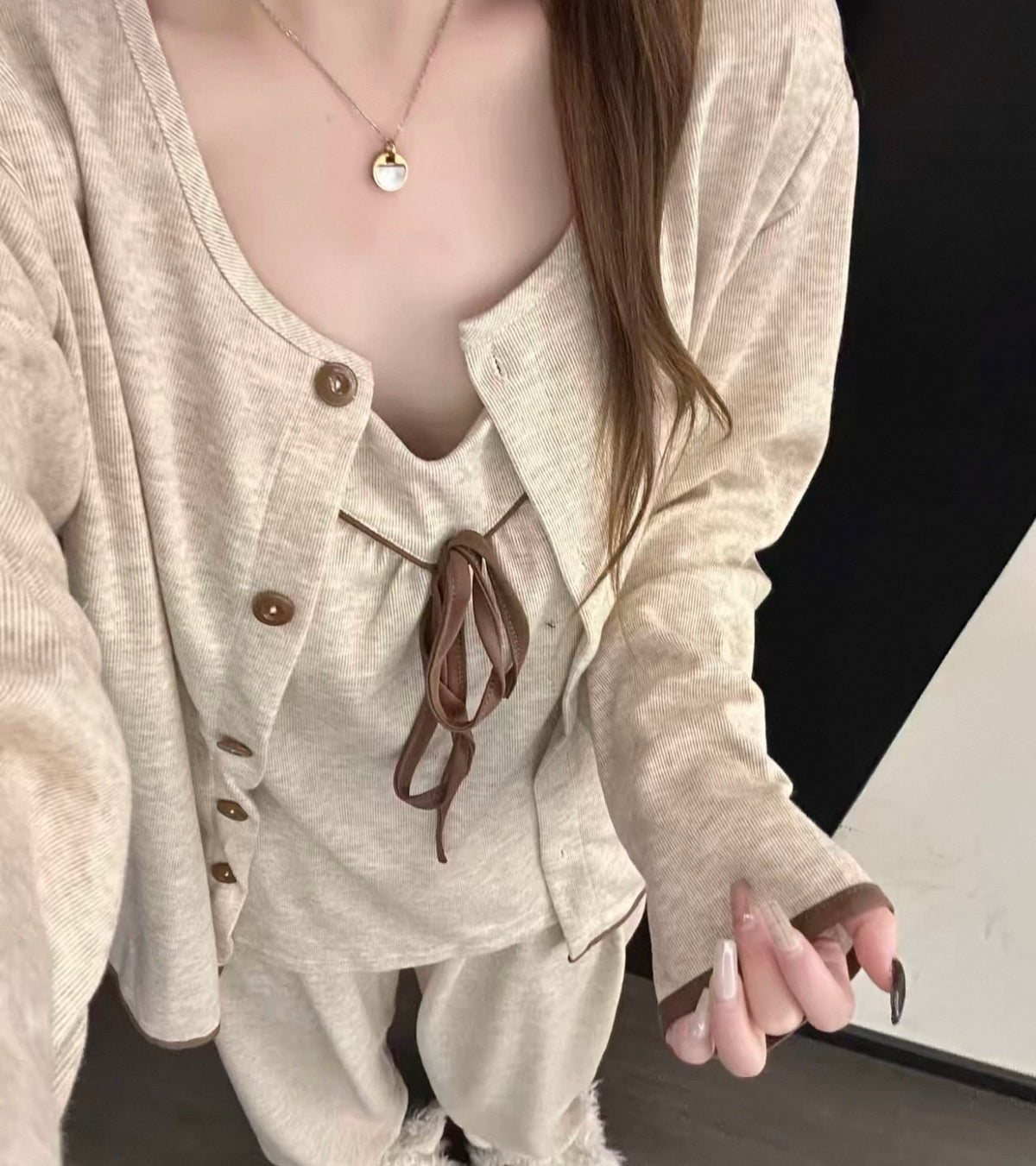 Beige Ribbed 3-Piece Set