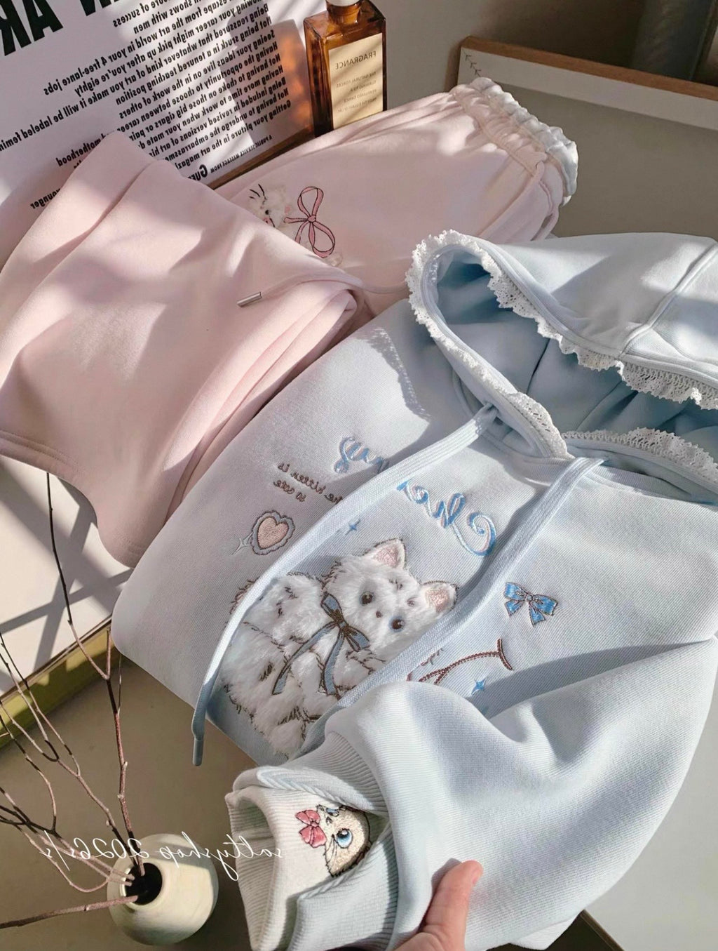 Cozy Kitten & Cherry Embroidered Lace Hoodie🩵🍒