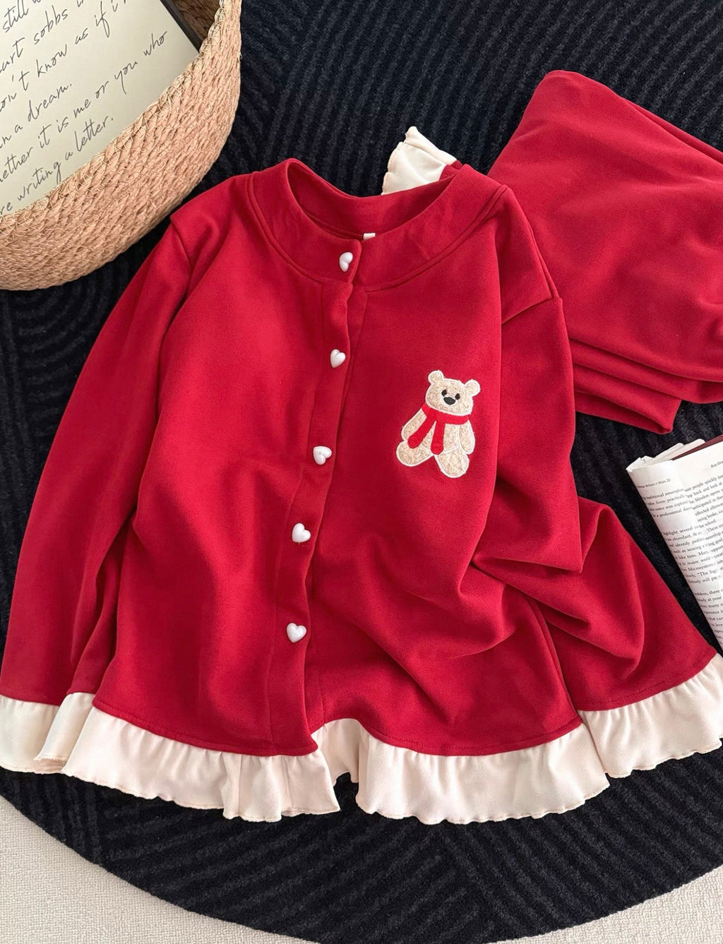 Red Teddy Bear Ruffled Fleece Pajama ♥️