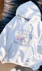 Cozy Kitten & Cherry Embroidered Lace Hoodie🩵🍒